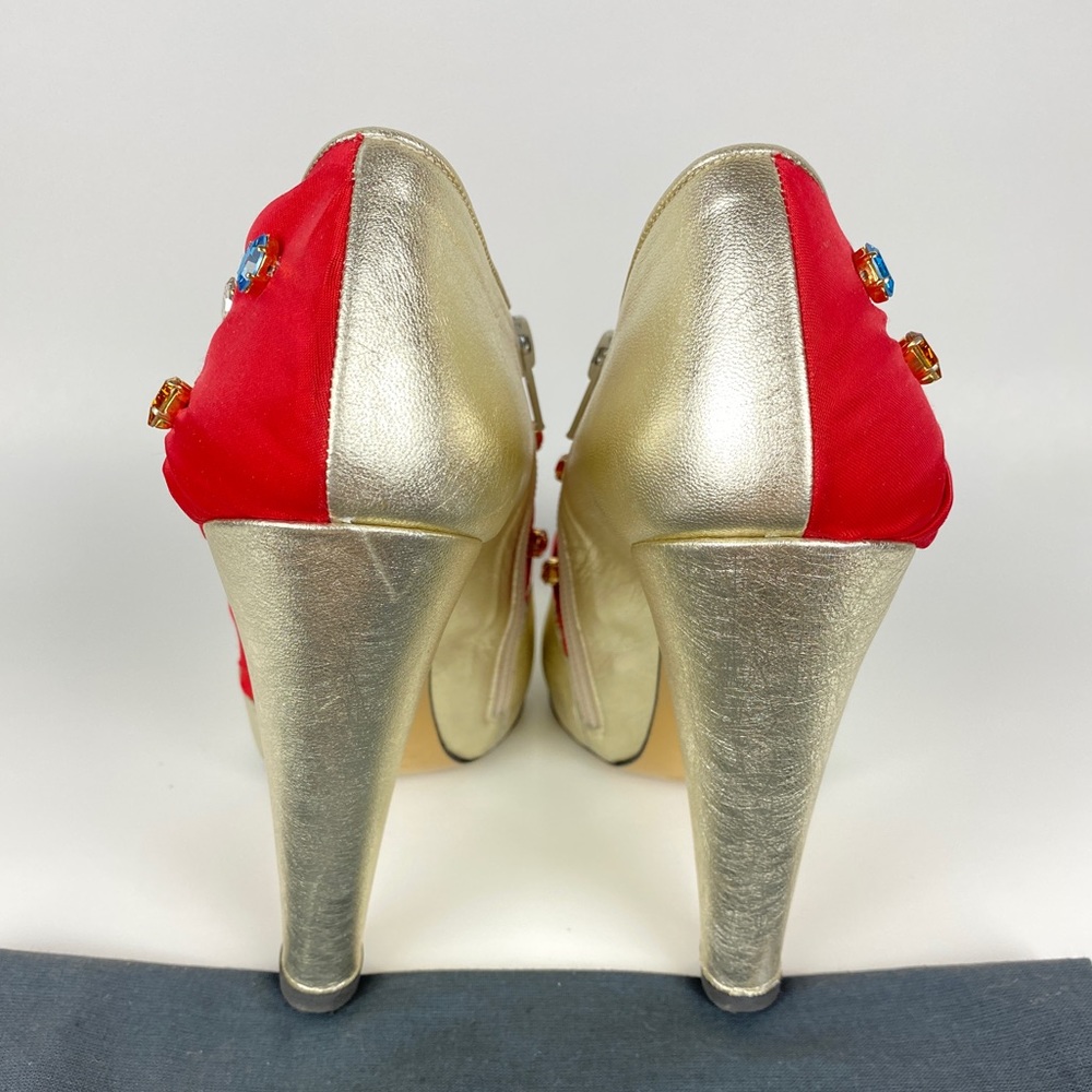 Patricia Rosales Gold Leather Red Satin Swarovski Jewel Embellished Ankle Boots - Picture 6 of 15
